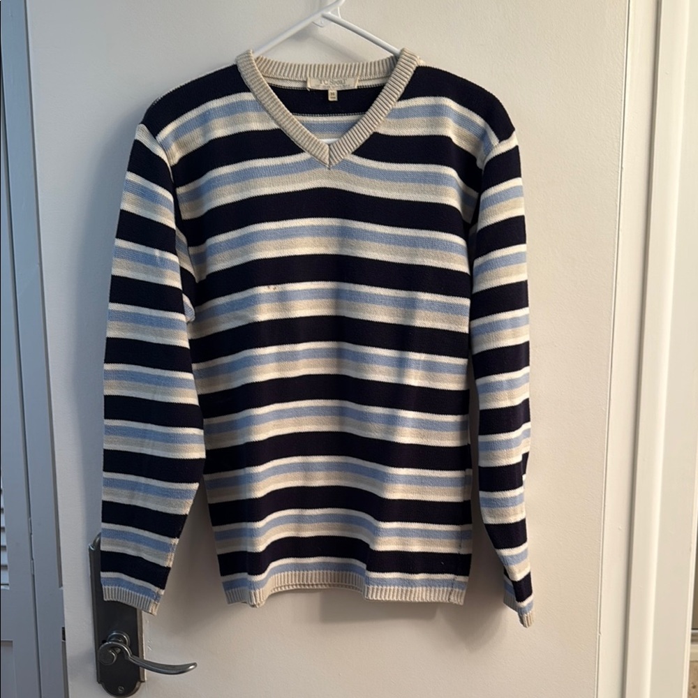Striped V-Neck Sweater - Navy and Cream